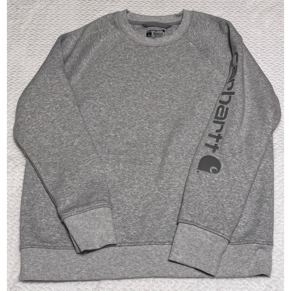 Carhartt Womens Relaxed Fit Gray Crewneck Sweatshirt Pullover sleeved logo L